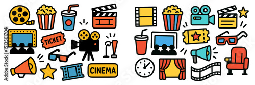 Classic movie night symbols with popcorn, tickets, and cameras illustrated in a colorful design