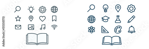 Graphic collection of various icons representing education, technology, and creativity on a light background