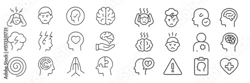 Icons representing mental health awareness and emotional wellness in simple line design