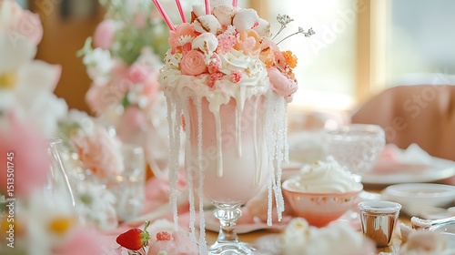 A wedding feast centerpiece a milkshake with cascading sugar ribbons