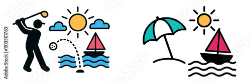 Golfing by the beach while enjoying a sunny day with boats in the water under a clear sky