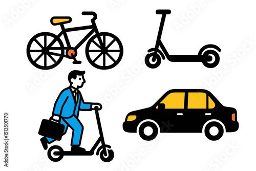 Different modes of transportation illustrate urban mobility options in a modern city setting