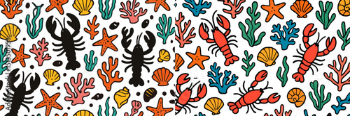 Colorful underwater pattern featuring lobsters, crabs, and marine life elements in playful design