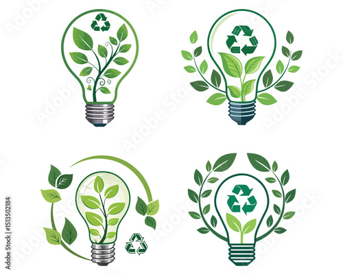 Green energy logo. Save energy symbol. Energy icon with green leaf. Incandescent electric light bulb with green leaves, symbol of clean energy, vector illustration isolated with white background.
