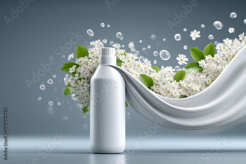 White bottle product mockup with white fabric and flowers. Perfect for showcasing your product design or branding.