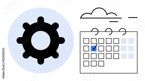 Gear beside a calendar marked with a check and a cloud icon, symbolizing task management, scheduling, and efficiency. Ideal for productivity, planning, organization, workflow, time management goal