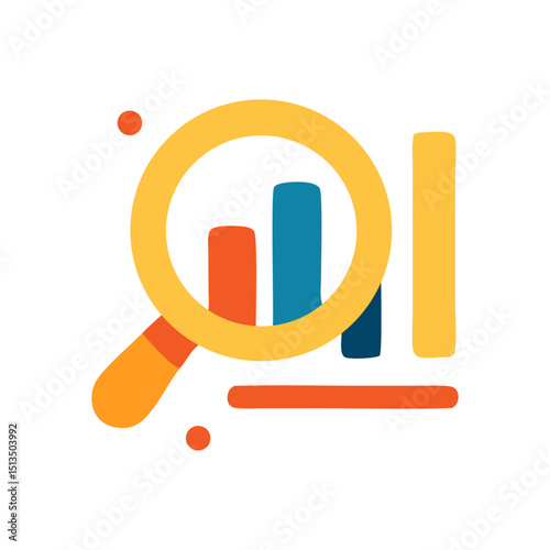 An illustration features a magnifying glass over a bar graph with additional bars and dots surrounding the graph flat design illustration
