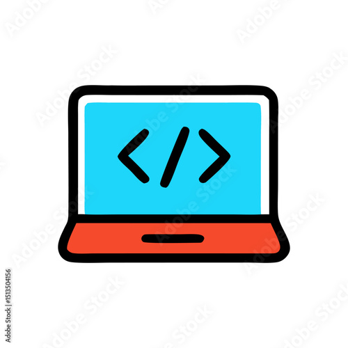 A cartoon laptop displays HTML code on a blue screen It has a red base with black edges flat design illustration