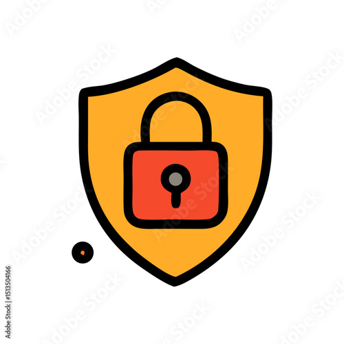 A golden shield displays a red padlock with a keyhole symbolizing security A small dot resides on the lower left flat design illustration