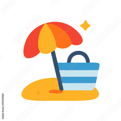 Beach scene with umbrella bag sand and a starlike shape flat design illustration