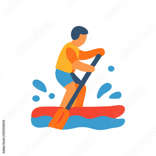 Cartoon man kayaking paddling a red kayak in blue water flat design illustration