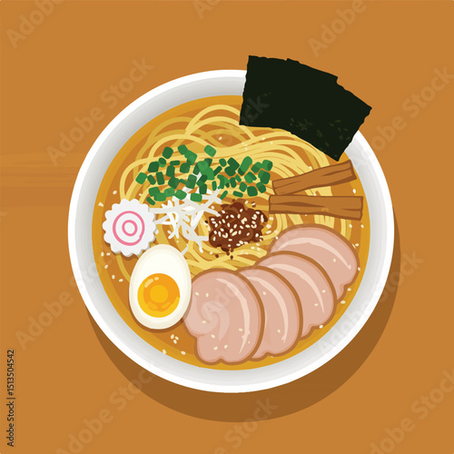 A bowl of savory Japanese ramen with egg, meat, seaweed, and other toppings.