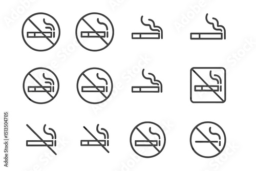 Symbols representing no smoking policies in various styles and formats on a clean white background