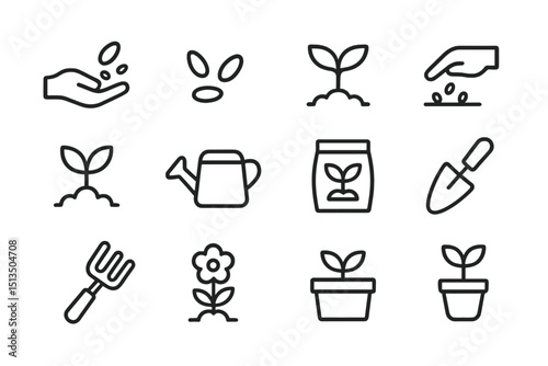 Gardening tools and activities represent stages of plant growth and care in a simple line drawing format