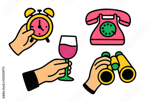 Colorful illustrations of hands holding a clock, a glass of wine, and binoculars to symbolize time, relaxation, and exploration