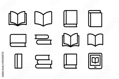 Various book and e-reader icons representing reading and literature in minimalist design for digital content