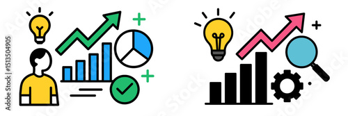 Business growth and analytics concepts represented through colorful illustrations showing charts and ideas on a white background