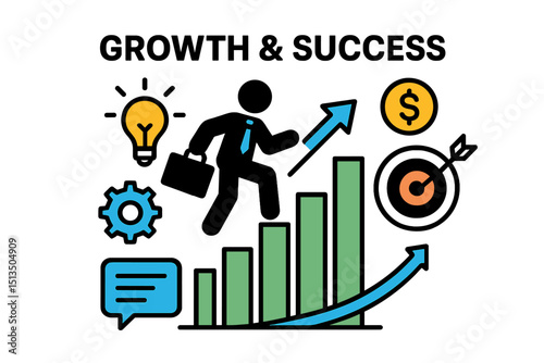 Visual representation of business growth and success with symbols of achievement and progress in a dynamic setting