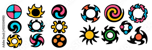Vibrant abstract symbols showcase dynamic design elements with colorful patterns and shapes in a creative arrangement