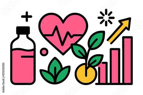 Wellness and health illustration featuring plants, a heart, and a growth chart in vibrant colors