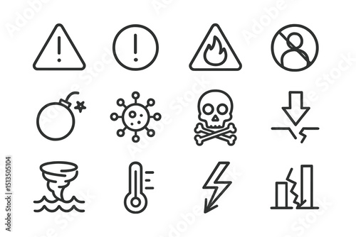 Warning symbols showcasing safety hazards and emergency signals in a clear design for awareness and educational purposes
