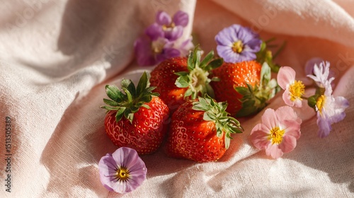 Flat lay of fresh strawberries and edible flowers on linen napkin, soft pastel background, natural light