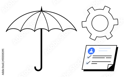 Umbrella, gear, and document with checklist emphasizing protection, organization, and processing. Ideal for insurance, risk management, business strategy, workflow planning task prioritization