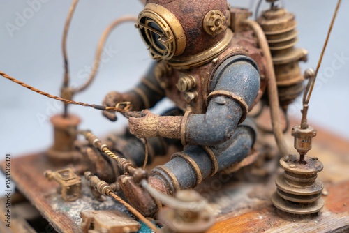 Antique diving suit mech repairing underwater telegraph cables