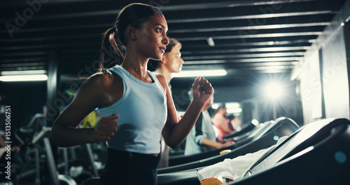 Canvas Print Fitness, girl and running on treadmill in gym at night for agility training, endurance challenge or burning calories