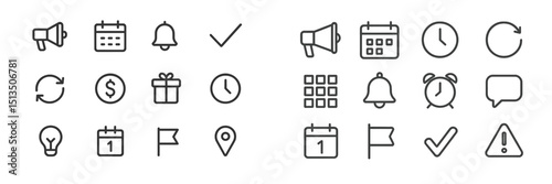 A grid of minimalistic icons showcasing various concepts like alerts, time management, tasks, and notifications