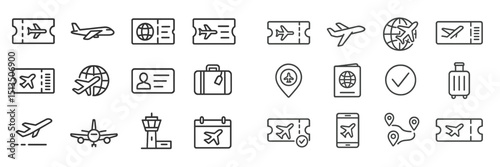 Icons representing air travel elements including airplanes, tickets, and luggage at an airport setting