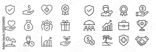 Icons representing various concepts of health, finance, teamwork, and success in a minimalist design
