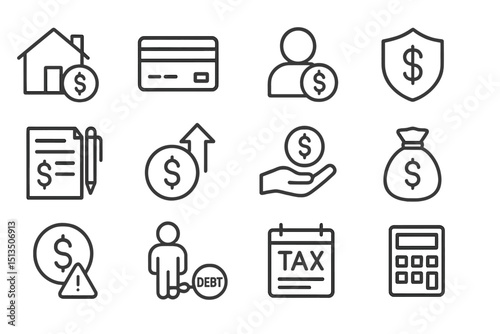 Icons depicting various finance concepts including savings, credit, and debt management in a minimalist style