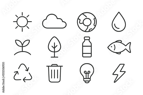 Symbols representing environmental themes such as nature, sustainability, and energy conservation in a graphic format
