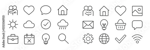 Simple line icons representing emotions, weather, communication, and various activities in a modern and minimalist design