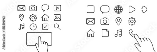 In a digital workspace, hand gestures navigate various icons representing applications and tools on a screen