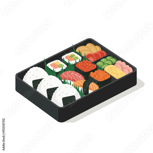 A black bento box of Japanese food sits on a white background in a top view.