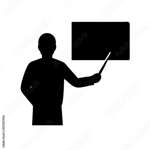 Silhouette of a teacher pointing at a board, black vector on white background