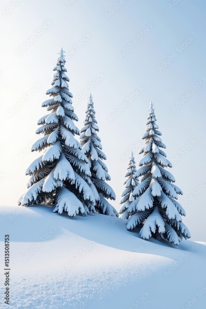 Naklejka premium A group of snow-covered pine trees standing alone on a white hill, serene, winter, snow