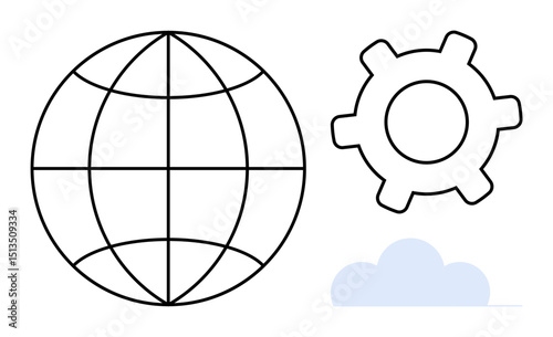 Wireframe globe next to a gear and cloud, symbolizing innovation, technology, networking, global reach, cloud computing, digital transformation, and development. Ideal for flat simple metaphor