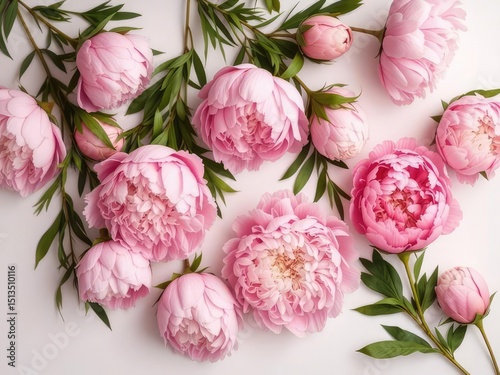 Elegant Pink Peonies Flat Lay Background Design