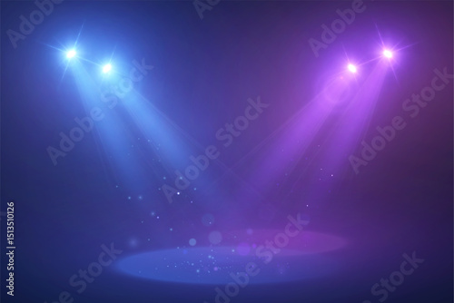 Stage spotlights with soft blue and purple beams, glowing dust and ambient bokeh lights. Ideal for show scenes, concert backgrounds or dramatic lighting compositions.

