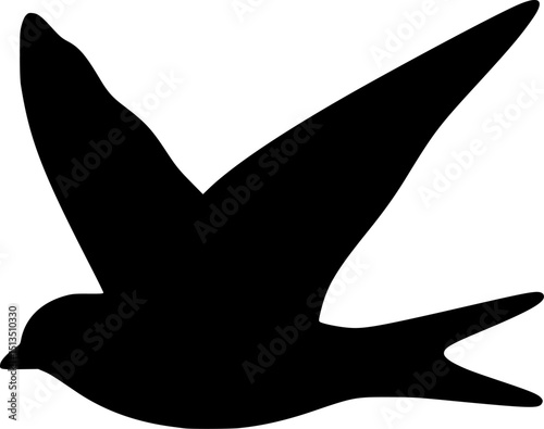Simple black silhouette of a bird flying mid-air, wings spread wide, vector design isolated on white