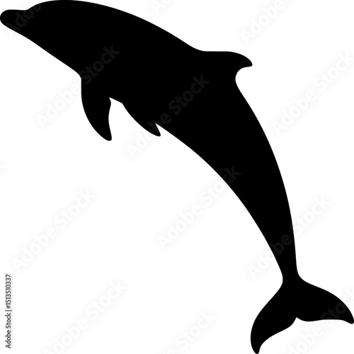 A sleek black silhouette vector of a dolphin mid-jump, isolated on white, elegant and minimal marine life design.