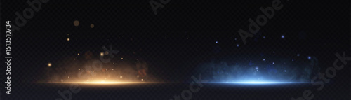 Abstract glowing ground light effects with warm golden and cool blue particles on transparent background. Ideal for sci-fi interfaces, magic portals, or visual stage effects.

