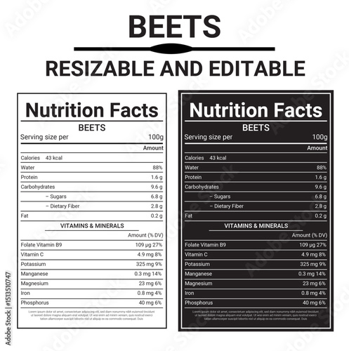 beetroot nutritional value, nutritional value of beets, Editable and resizable templates of nutrition facts, supplement facts and vitamin facts.