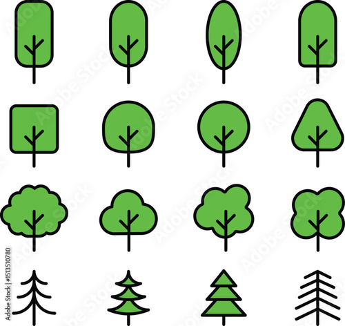 A Set of Tree Line and Solid Icon, Simple Modern Collection for Design, Web Sites, Apps, Cards. Contains Linear Images of Deciduous and Coniferous Trees
