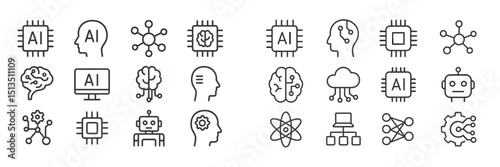 Collection of line icons depicting artificial intelligence concepts in technology and computer science