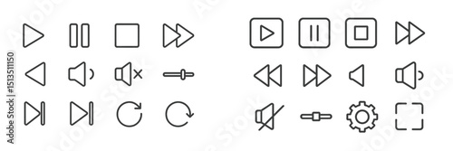 Collection of multimedia control icons displayed in a clean linear style for user interface design
