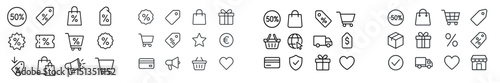 Shopping icons and symbols representing discounts, sales, and retail activities for digital promotions